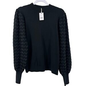 Vila Milano Womens Black Puff Sleeve Metallic Chevron Knit Sweater Large New